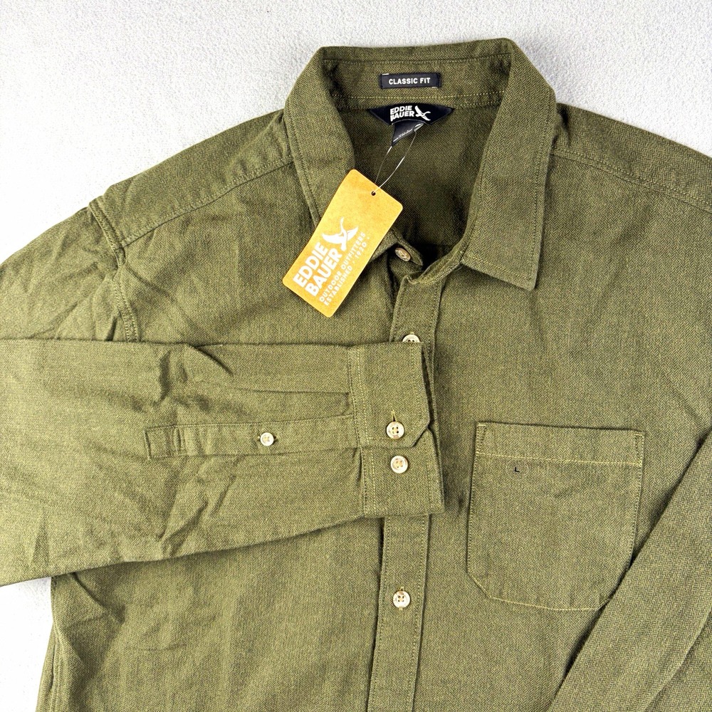 Eddie Bauer Eddie's Favorite Flannel Men's L Green Herringbone Shirt NWT